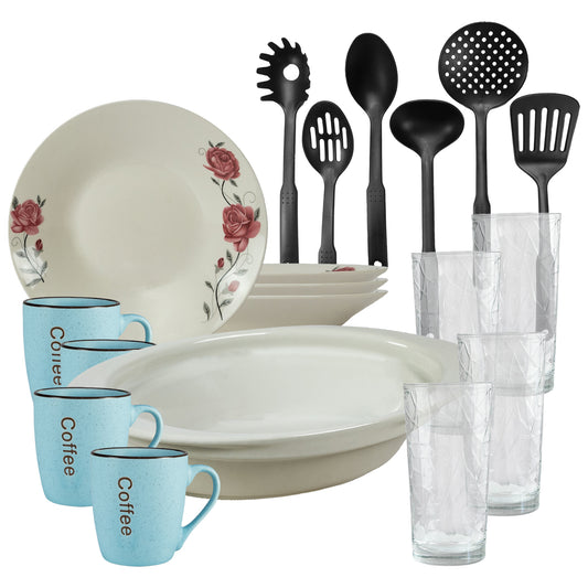 Servicio de mesa, 4 personas, 19 piezas, taza azul, plato hondo, bandeja termo, utensilios de cocina, vasos de cristal, porcelana decorada con rosas rojas.