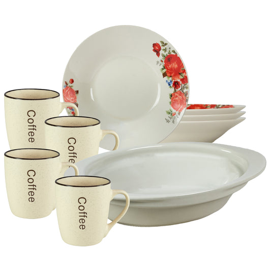 Servicio de mesa, 4 personas, 9 piezas, taza para crema, plato hondo, bandeja resistente al calor, Porcelana decorada con rosas rojas