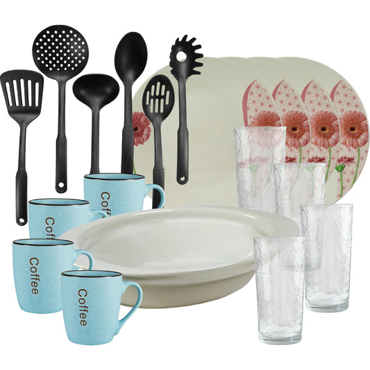 Servicio de mesa, 4 personas, 19 piezas, taza azul, plato extendido, bandeja termo, utensilios de cocina, vasos de cristal, porcelana decorada con Margaret