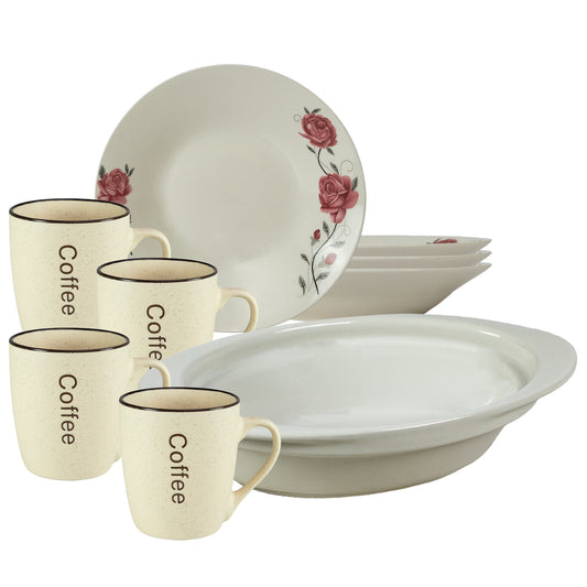 Servicio de mesa, 4 personas, 9 piezas, taza para crema, plato hondo, bandeja resistente al calor, Porcelana decorada con rosas rosas