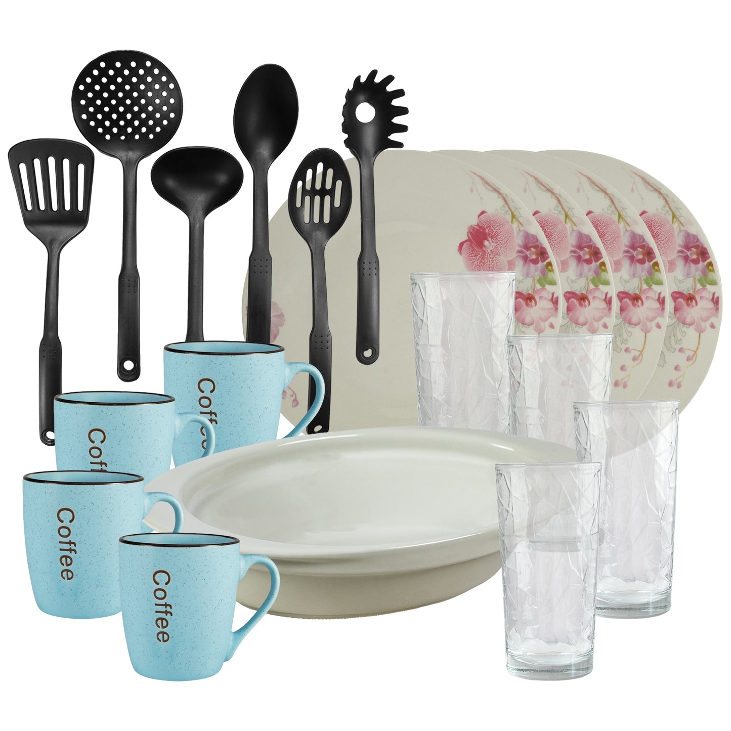 Servicio de mesa, 4 personas, 19 piezas, taza azul, plato extendido, bandeja termo, utensilios de cocina, vasos de cristal, Porcelana decorada con Orquídeas