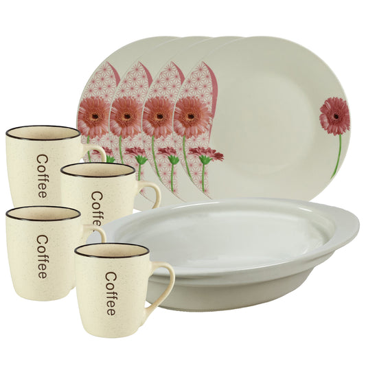 Servicio de mesa, 4 personas, 9 piezas, taza para crema, plato extendido, bandeja resistente al calor, Porcelana decorada con Daisy