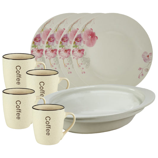 Servicio de mesa, 4 personas, 9 piezas, taza para crema, plato extendido, bandeja resistente al calor, Porcelana decorada con Orquídeas