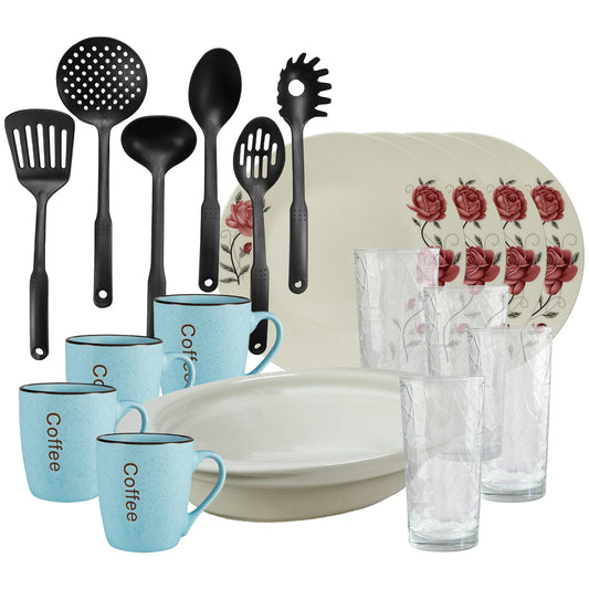 Servicio de mesa, 4 personas, 19 piezas, taza azul, plato extendido, bandeja termo, utensilios de cocina, vasos de cristal, porcelana decorada con rosas rosas