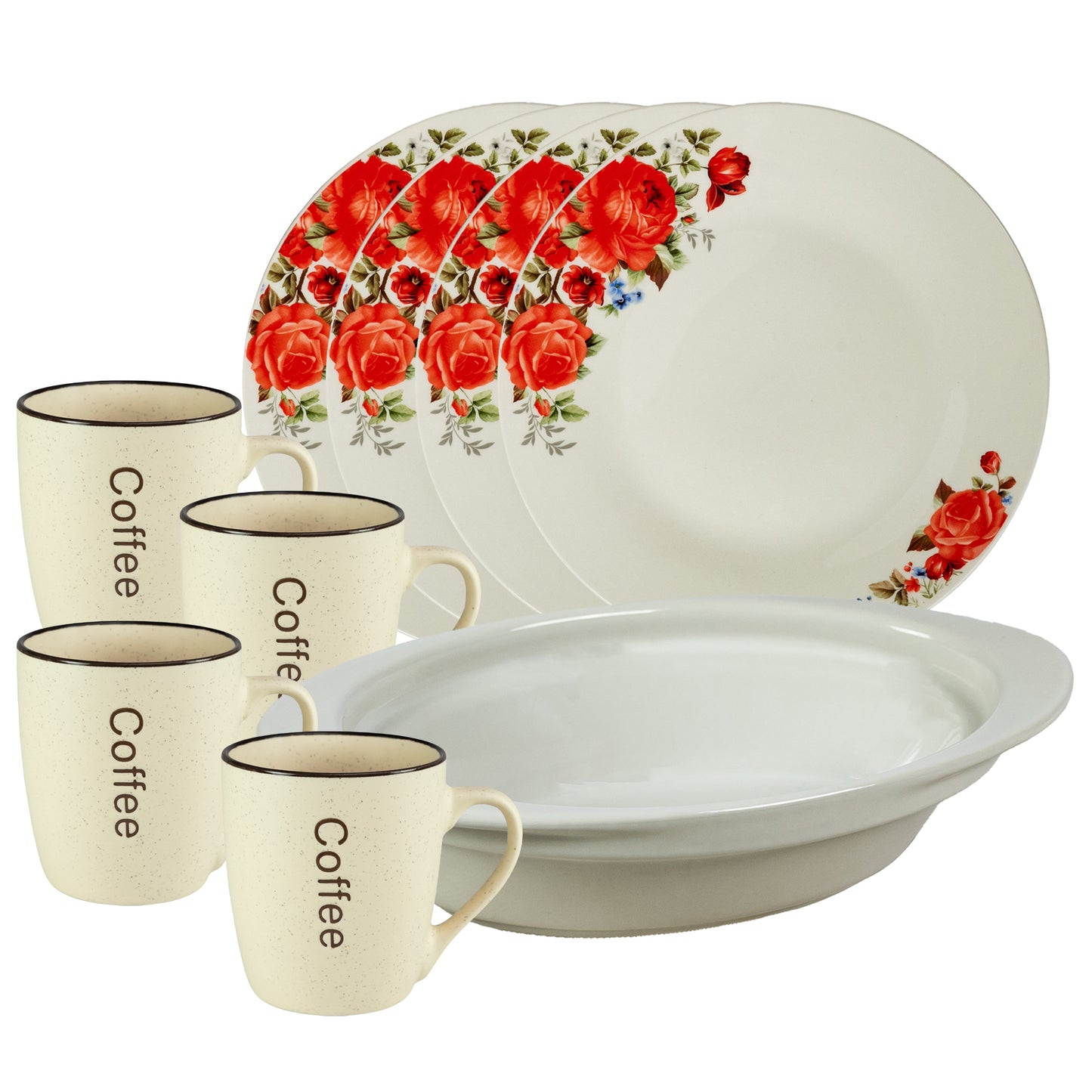 Servicio de mesa, 4 personas, 9 piezas, taza para crema, plato extendido, bandeja resistente al calor, Porcelana decorada con rosas rojas