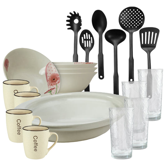 Servicio de mesa, 4 personas, 19 piezas, taza de crema, bol, bandeja termo, utensilios de cocina, vasos de cristal, Porcelana decorada con Margaret