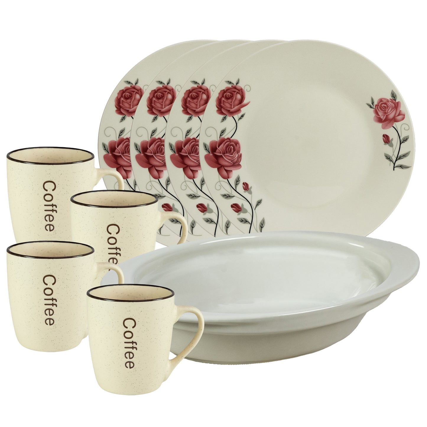 Servicio de mesa, 4 personas, 9 piezas, taza para crema, plato extendido, bandeja resistente al calor, Porcelana decorada con rosas rosas