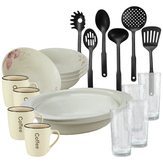 Servicio de mesa, 4 personas, 19 piezas, taza crema, bol, bandeja termo, utensilios de cocina, vasos de cristal, Porcelana decorada con Orquídeas