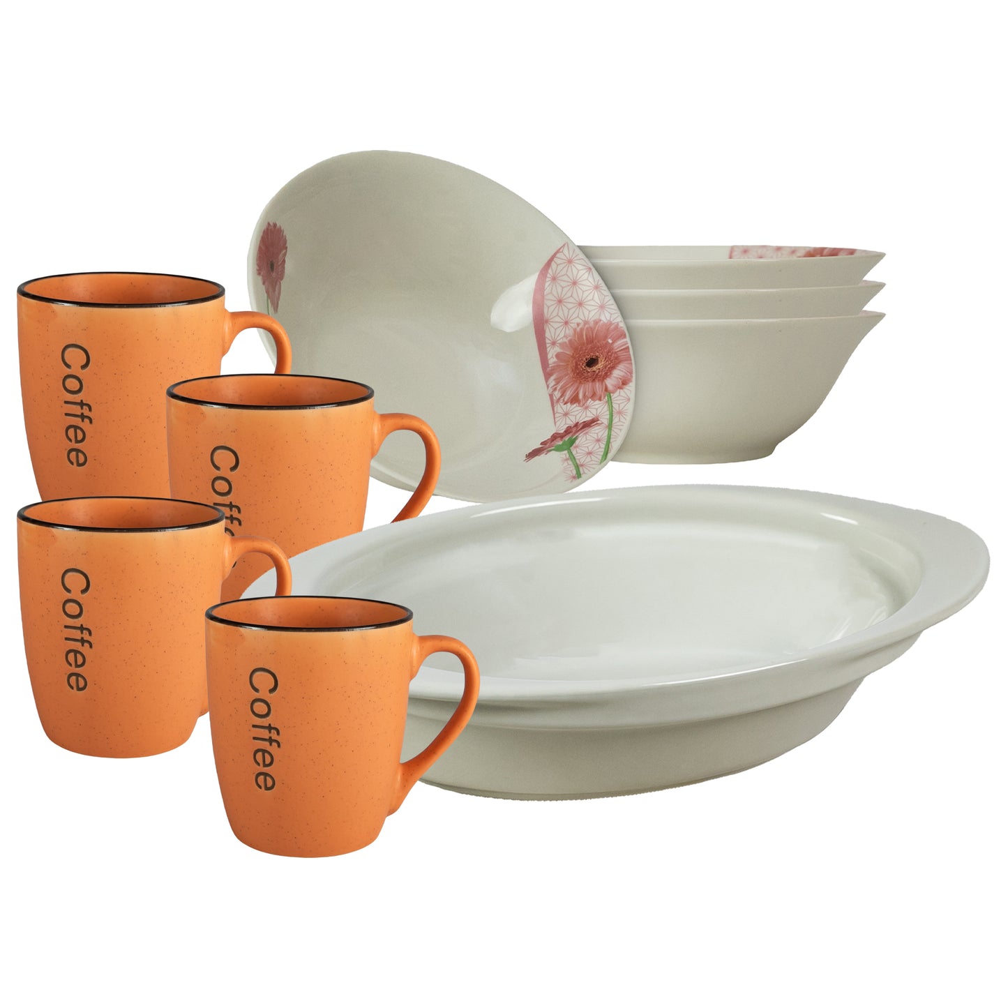 Table set, 4 people, 9 pieces, orange mug, bowl, heat-resistant tray, Porcelain decorated with Daisy