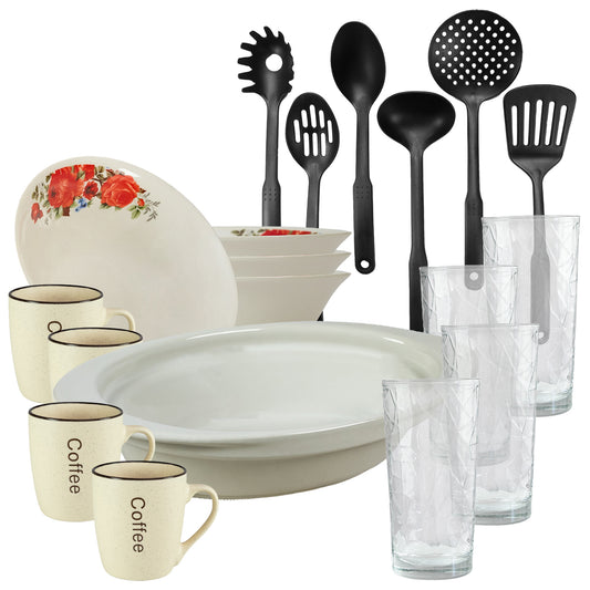 Servicio de mesa, 4 personas, 19 piezas, taza de crema, bol, bandeja termo, utensilios de cocina, vasos de cristal, porcelana decorada con rosas rojas.