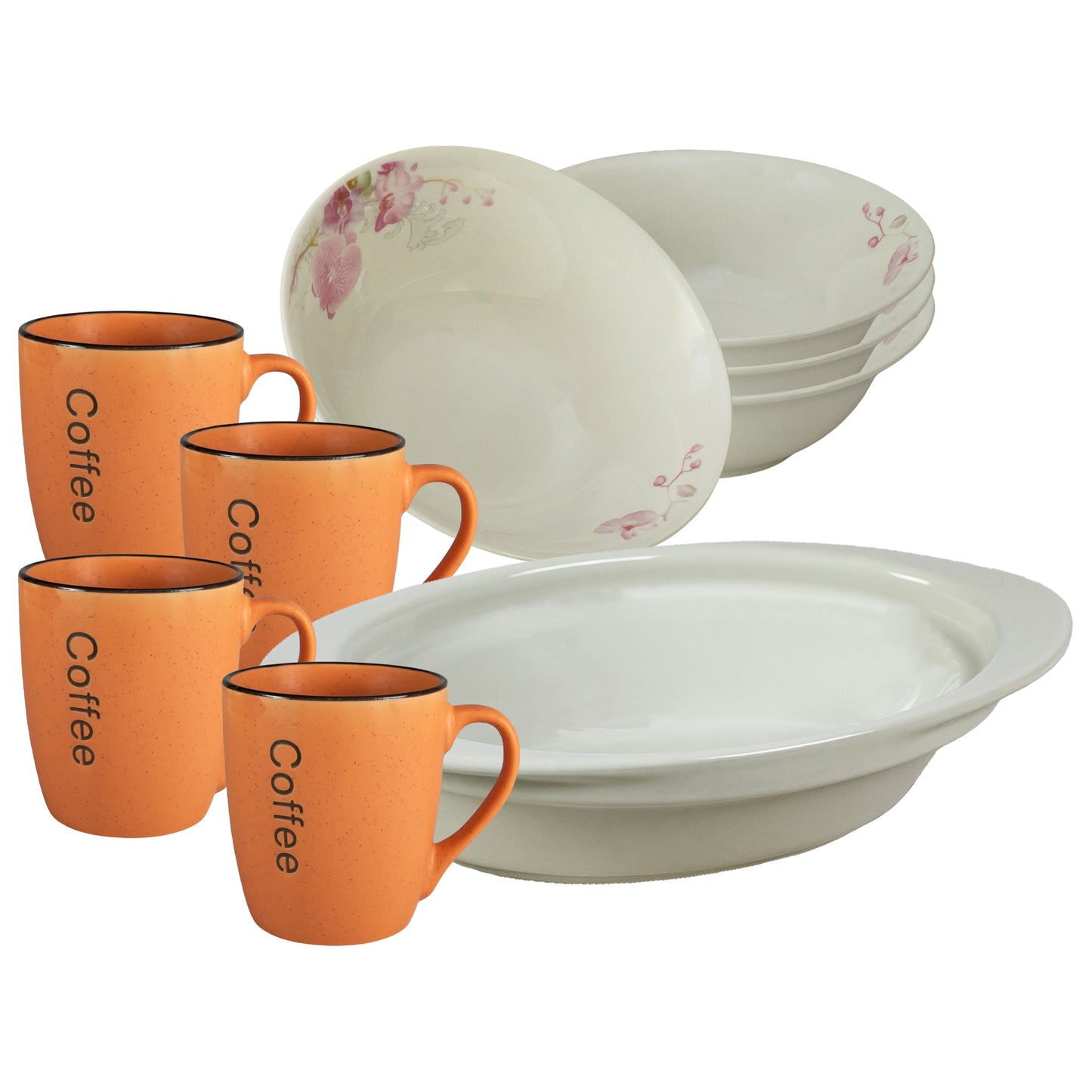 Table set, 4 people, 9 pieces, orange cup, bowl, heat-resistant tray, Porcelain decorated with Orchids