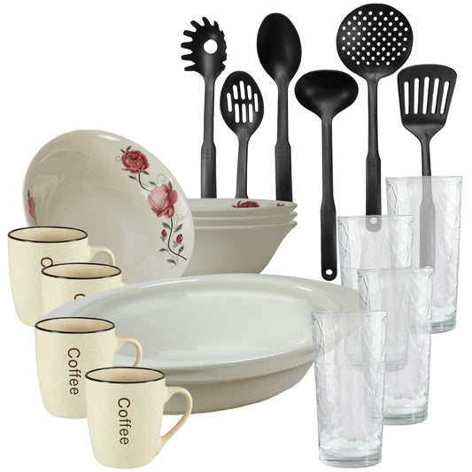 Servicio de mesa, 4 personas, 19 piezas, taza de crema, bol, bandeja termo, utensilios de cocina, vasos de cristal, porcelana decorada con rosas rosas.