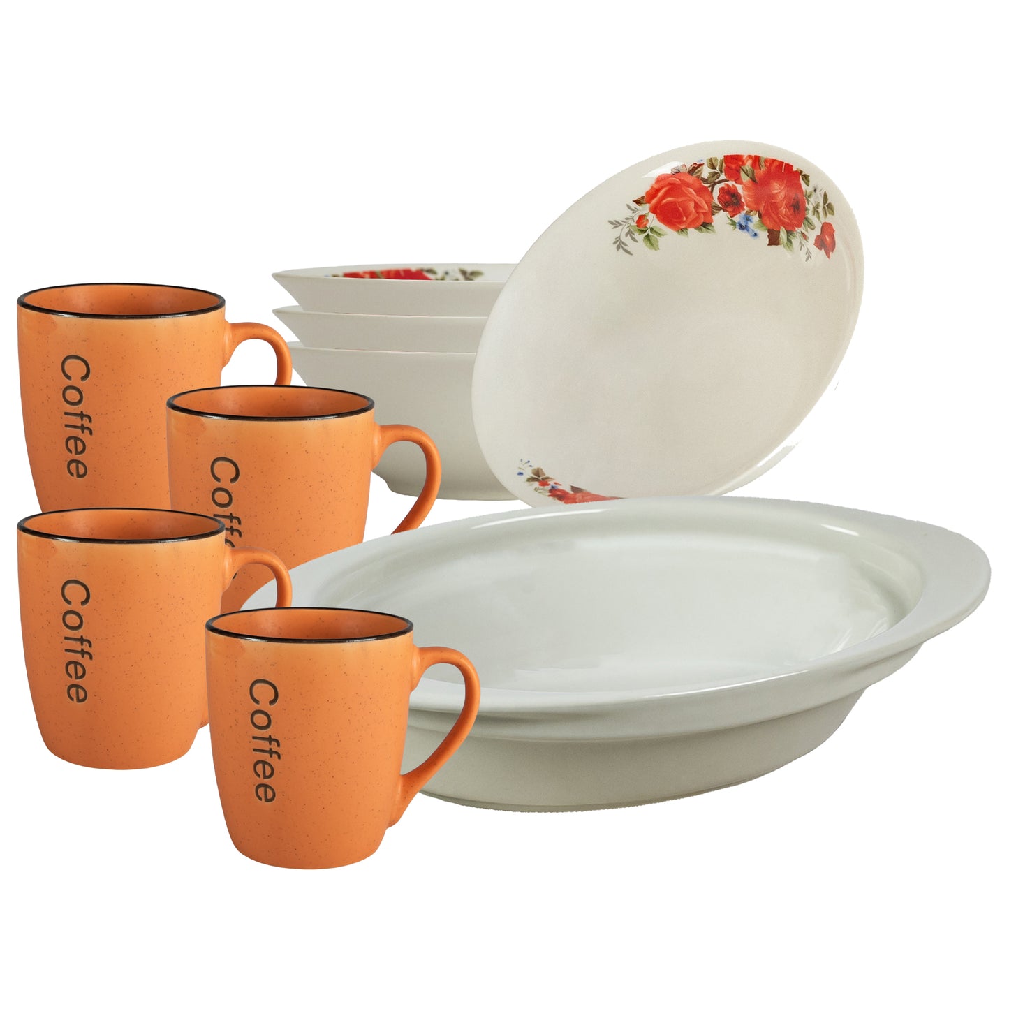 Table set, 4 people, 9 pieces, orange cup, bowl, heat-resistant tray, Porcelain decorated with red roses