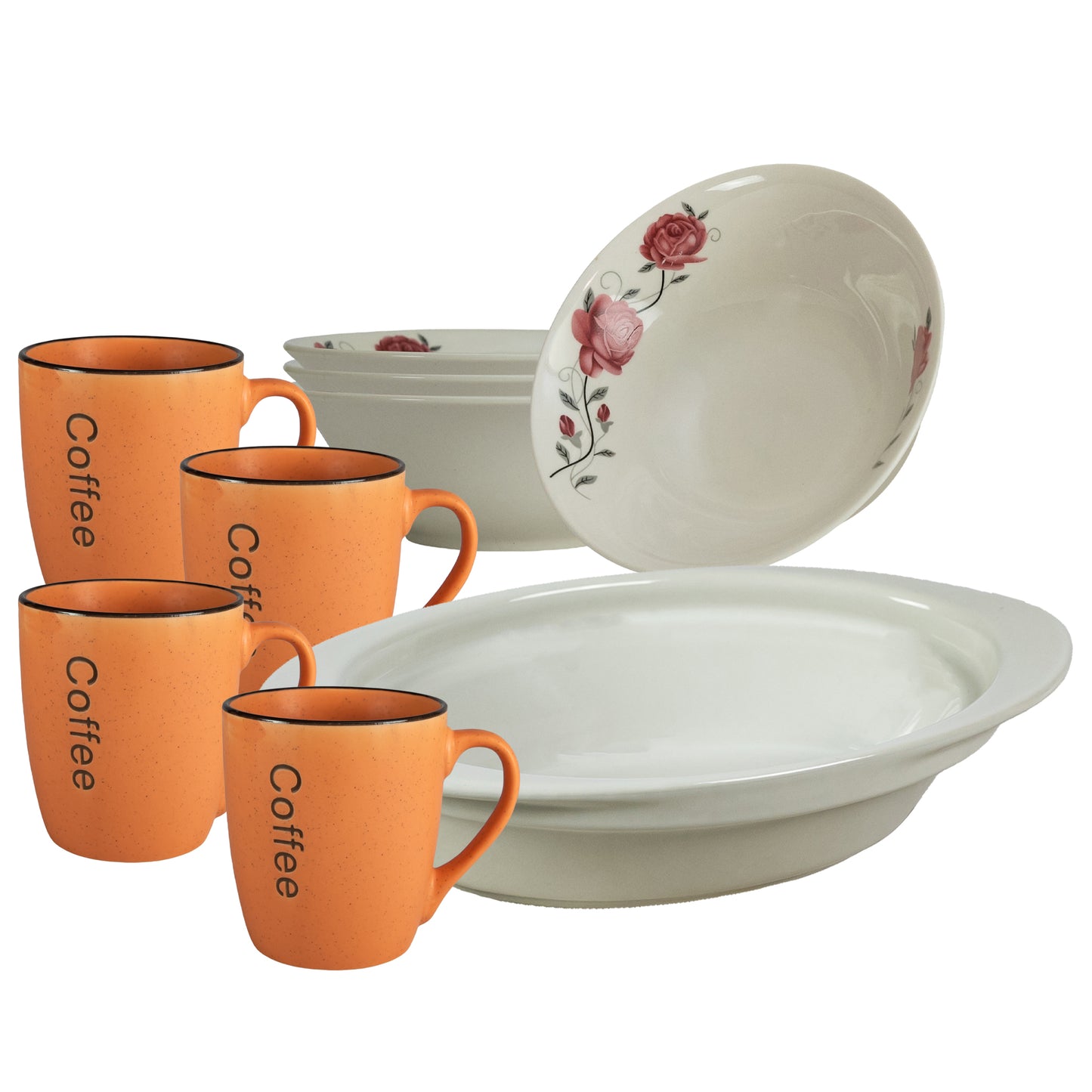 Table set, 4 people, 9 pieces, orange cup, bowl, heat-resistant tray, Porcelain decorated with pink roses