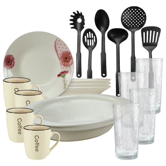 Servicio de mesa, 4 personas, 19 piezas, taza de nata, plato hondo, bandeja termo, utensilios de cocina, vasos de cristal, Porcelana decorada con Margaret