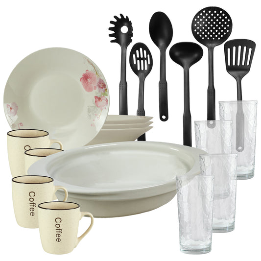 Servicio de mesa, 4 personas, 19 piezas, taza crema, plato hondo, bandeja termo, utensilios de cocina, vasos de vidrio, Porcelana decorada con Orquídeas