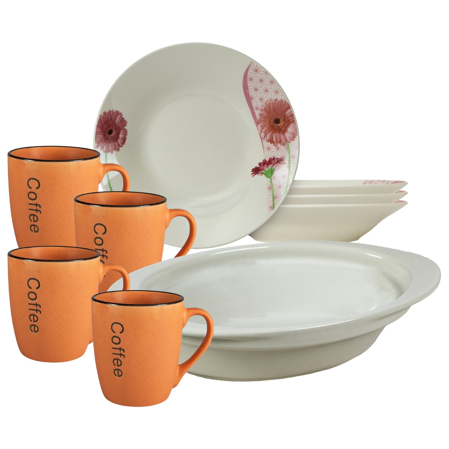 Table set, 4 people, 9 pieces, orange mug, deep plate, heat-resistant tray, Porcelain decorated with Daisy