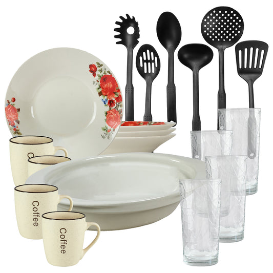 Servicio de mesa, 4 personas, 19 piezas, taza de crema, plato hondo, bandeja termo, utensilios de cocina, vasos de cristal, porcelana decorada con rosas rojas.