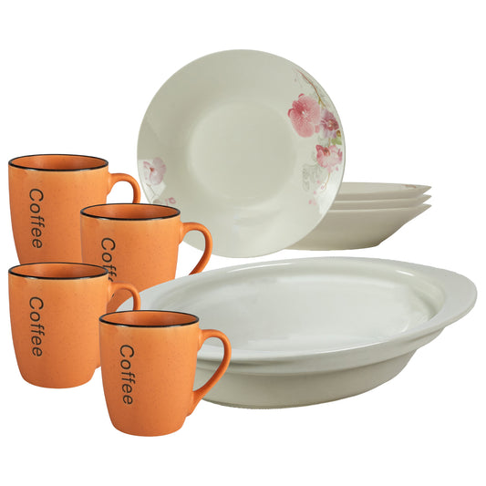 Table set, 4 people, 9 pieces, orange mug, deep plate, heat-resistant tray, Porcelain decorated with Orchids