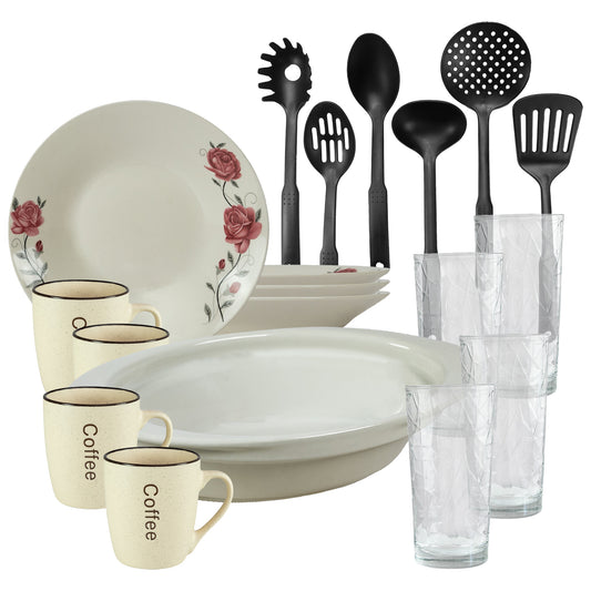 Servicio de mesa, 4 personas, 19 piezas, taza de crema, plato hondo, bandeja termo, utensilios de cocina, vasos de cristal, porcelana decorada con rosas rosas