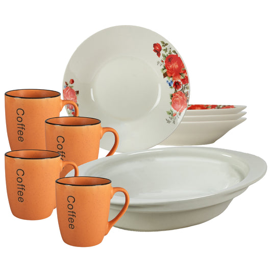 Table set, 4 people, 9 pieces, orange mug, deep plate, heat-resistant tray, Porcelain decorated with red roses