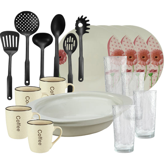 Servicio de mesa, 4 personas, 19 piezas, taza de crema, plato extendido, bandeja termo, utensilios de cocina, vasos de cristal, Porcelana decorada con Margaret