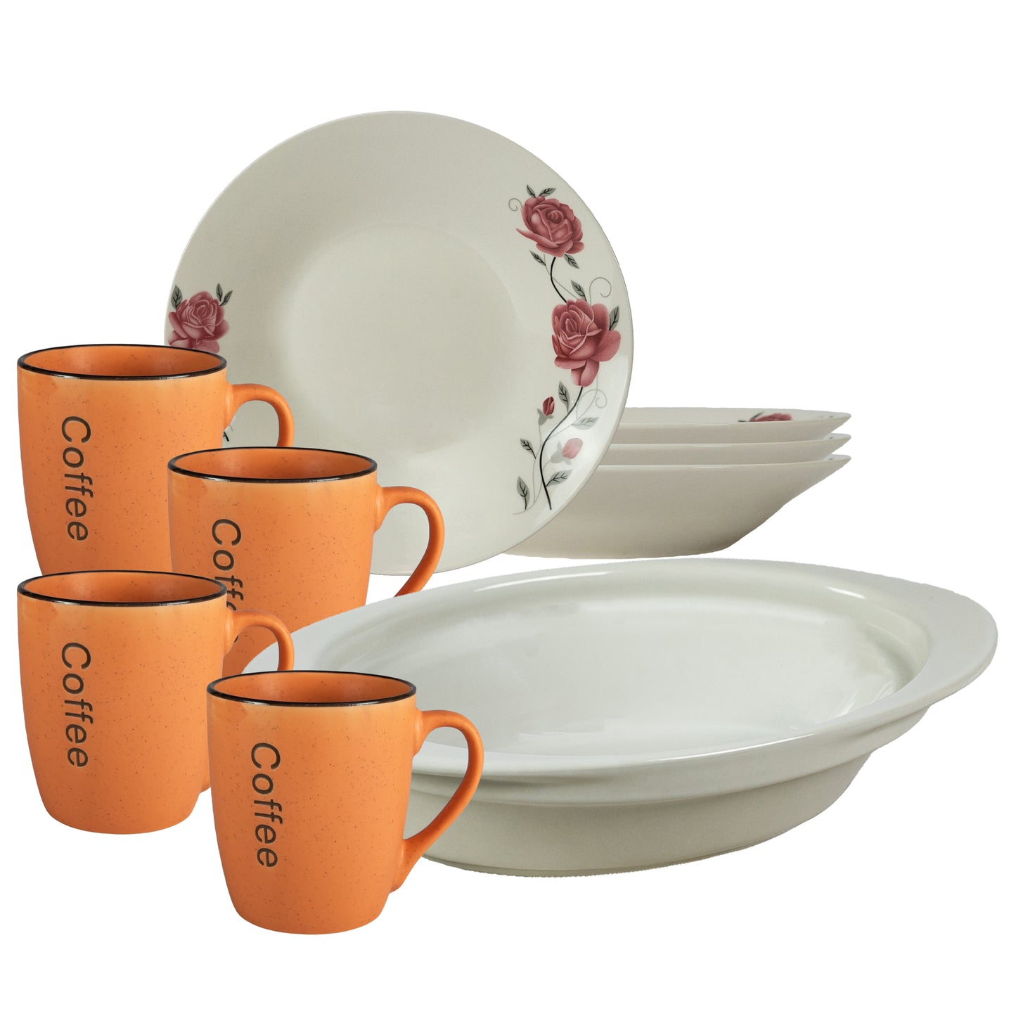 Table set, 4 people, 9 pieces, orange cup, deep plate, heat-resistant tray, Porcelain decorated with pink roses