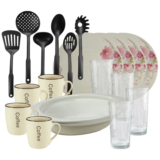 Servicio de mesa, 4 personas, 19 piezas, taza crema, plato extendido, bandeja termo, utensilios de cocina, vasos de cristal, Porcelana decorada con Orquídeas