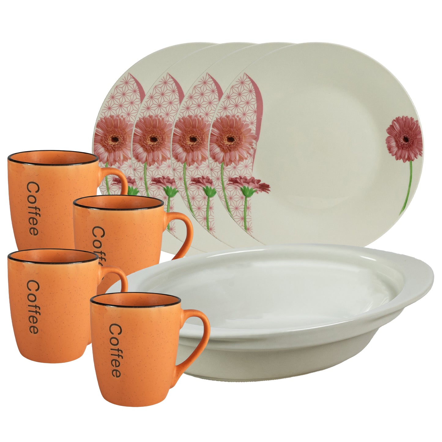 Table set, 4 people, 9 pieces, orange mug, flat plate, heat-resistant tray, Porcelain decorated with Daisy