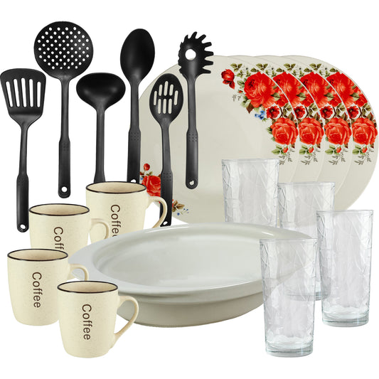 Servicio de mesa, 4 personas, 19 piezas, taza de crema, plato extendido, bandeja termo, utensilios de cocina, vasos de cristal, porcelana decorada con rosas rojas.