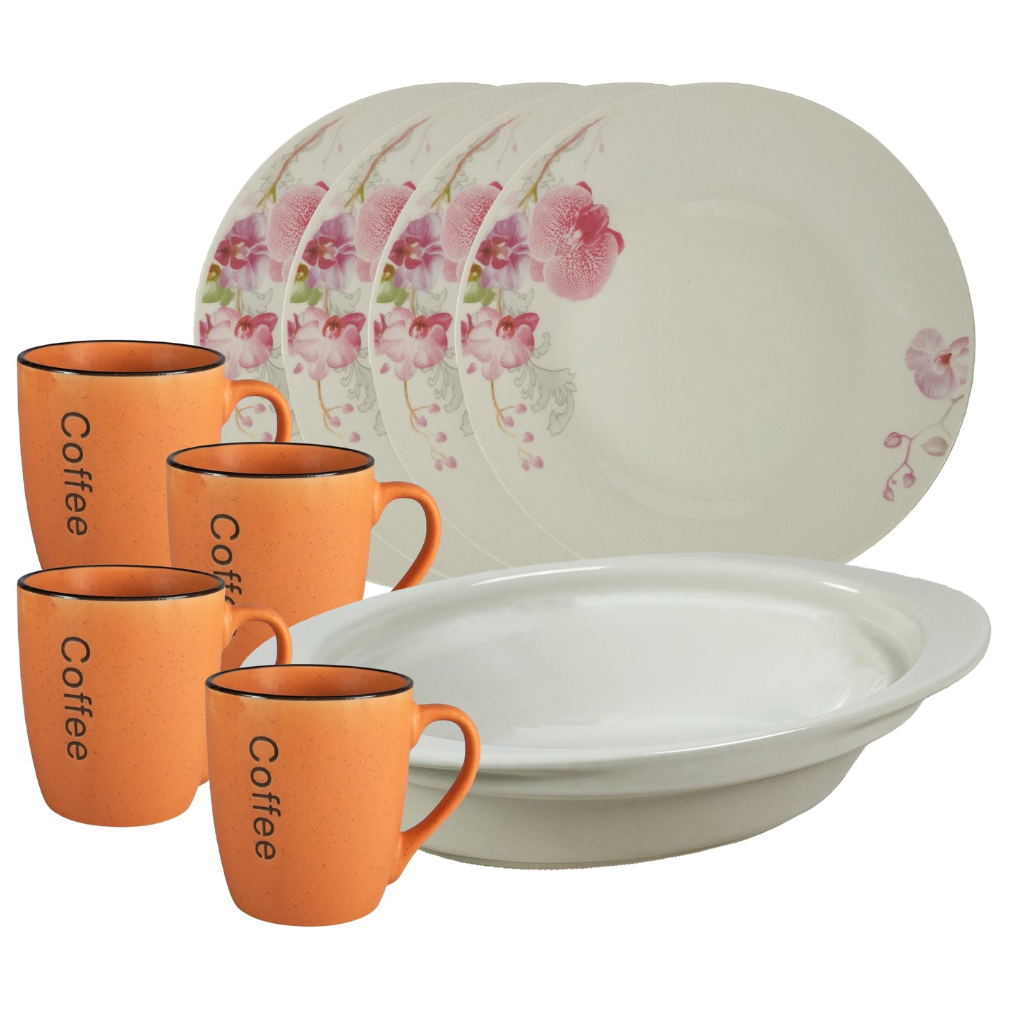 Table set, 4 people, 9 pieces, orange mug, extended plate, heat-resistant tray, Porcelain decorated with Orchids