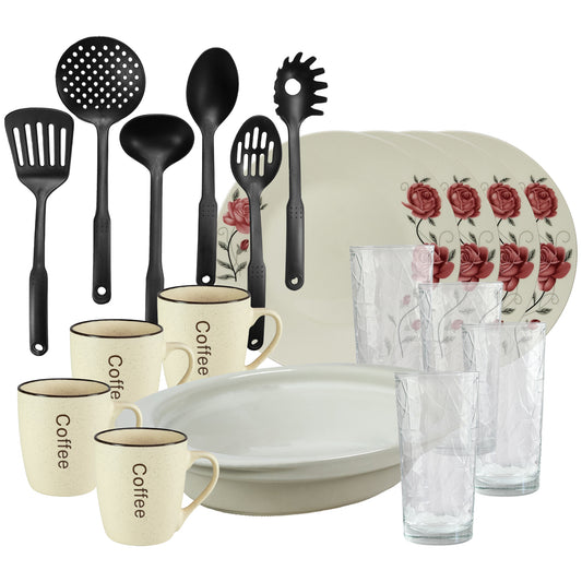 Servicio de mesa, 4 personas, 19 piezas, taza crema, plato extendido, bandeja termo, utensilios de cocina, vasos de cristal, porcelana decorada con rosas rosas