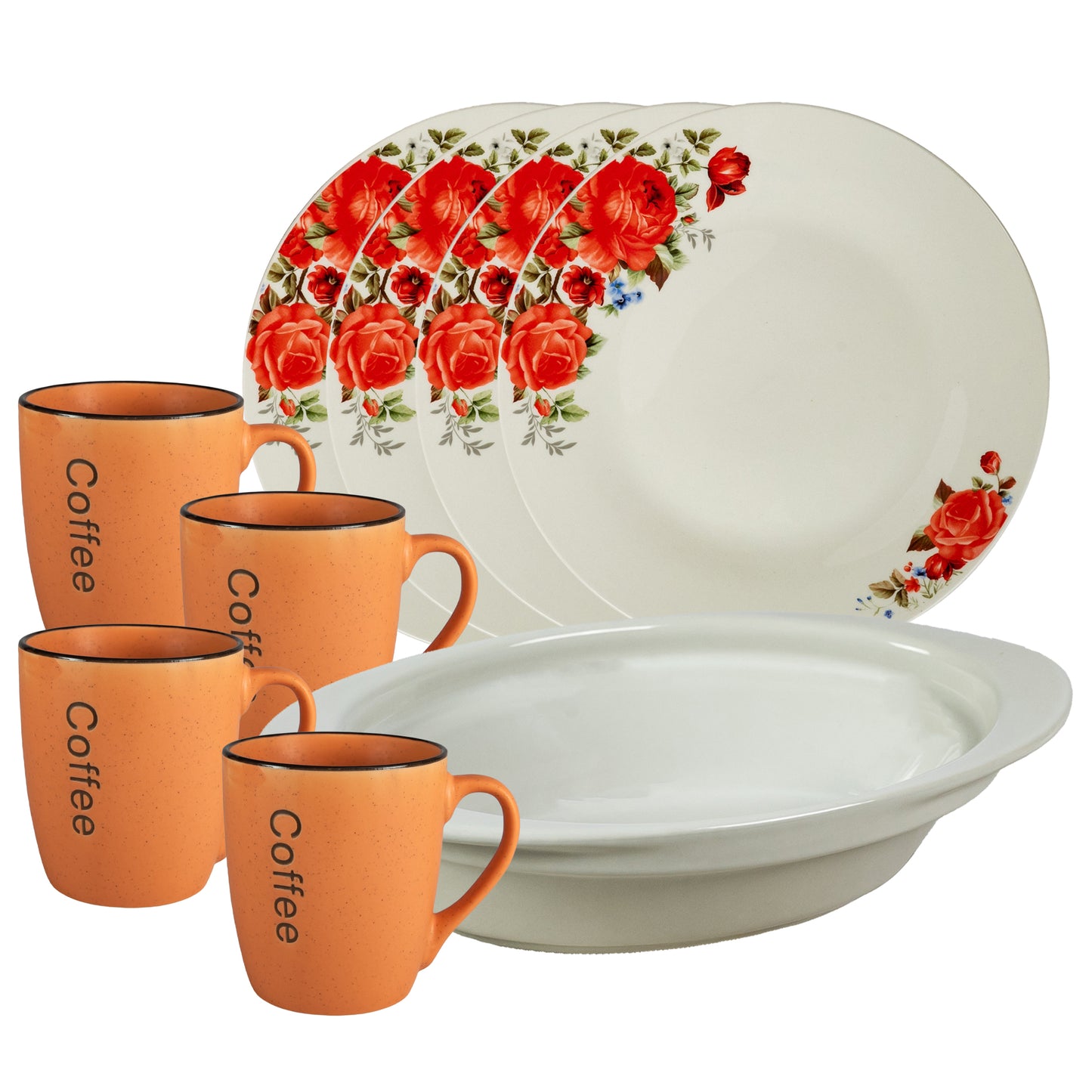 Table set, 4 people, 9 pieces, orange mug, extended plate, heat-resistant tray, Porcelain decorated with red roses