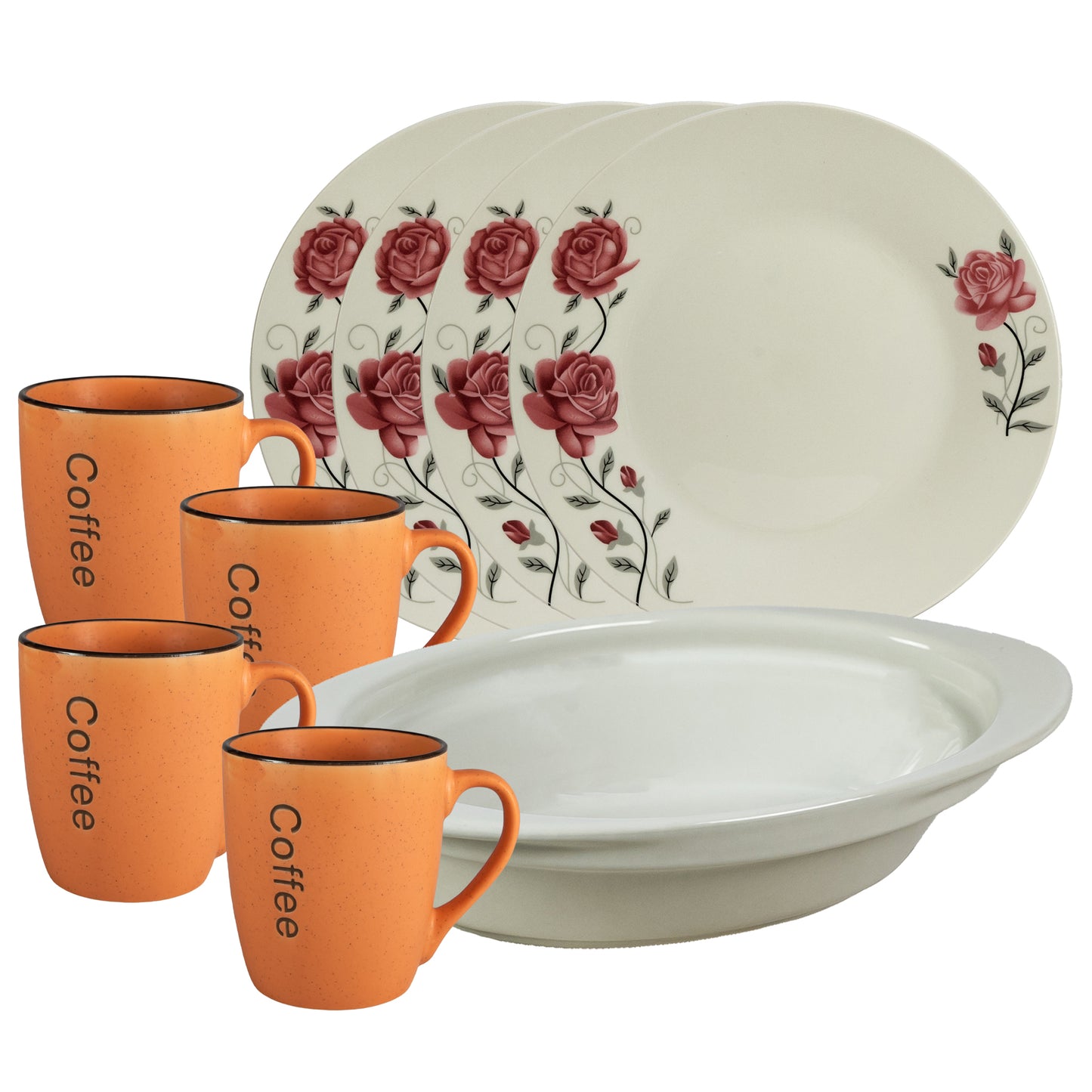 Table set, 4 people, 9 pieces, orange mug, extended plate, heat-resistant tray, Porcelain decorated with pink roses