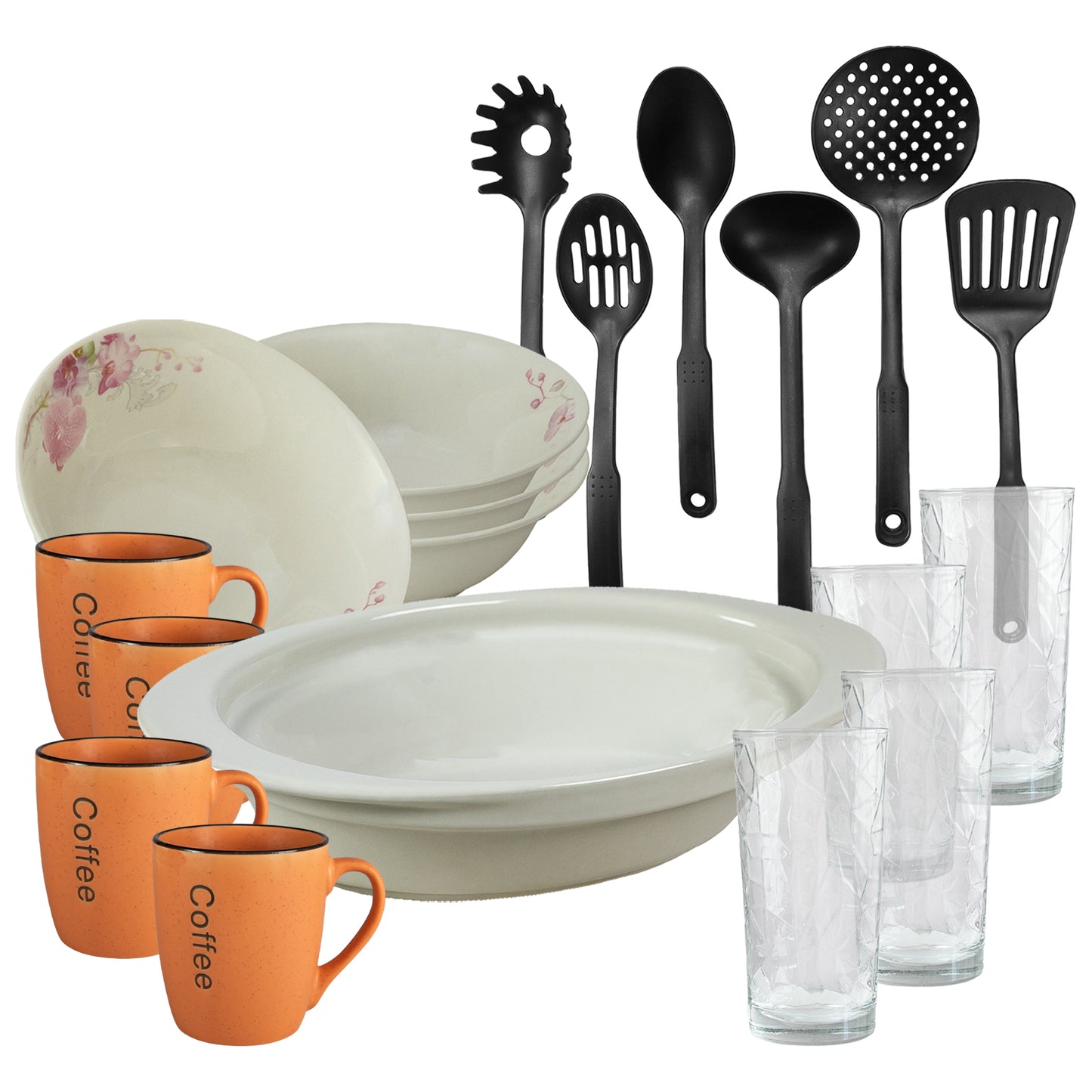 Set tavola 4 persone 19 pezzi, tazza arancione, ciotola, vassoio thermos, utensili da cucina, bicchieri in vetro, porcellana decorata con orchidee