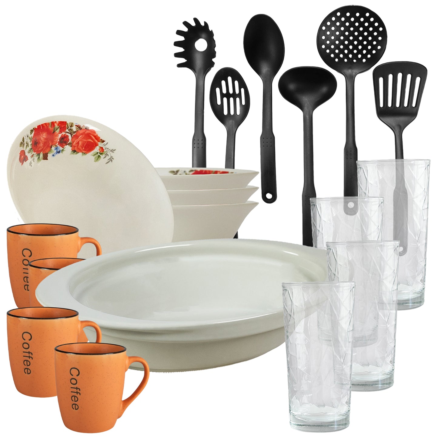 Set tavola, 4 persone, 19 pezzi, tazza arancione, ciotola, vassoio thermos, utensili da cucina, bicchieri in vetro, porcellana decorata con rose rosse