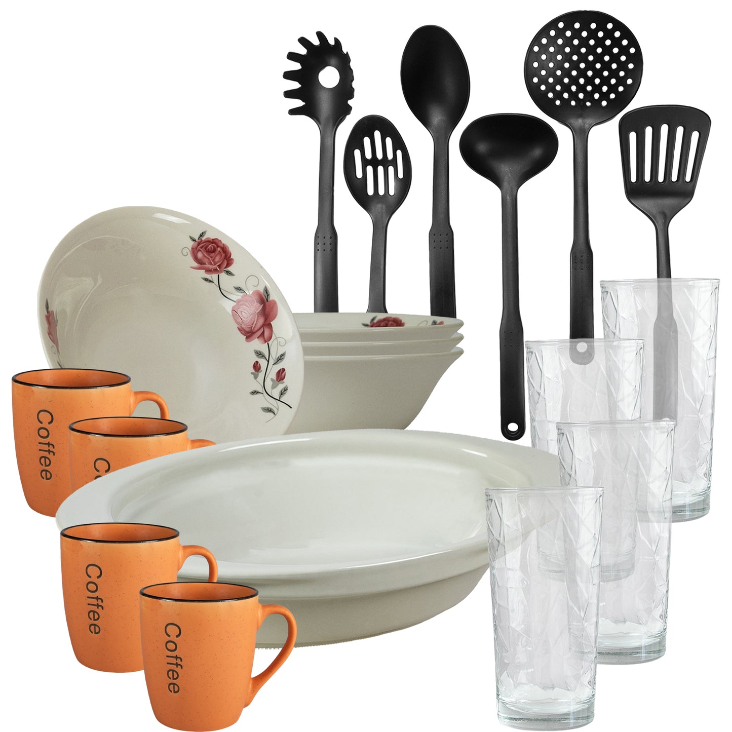 Set tavola, 4 persone, 19 pezzi, tazza arancione, ciotola, vassoio thermos, utensili da cucina, bicchieri in vetro, porcellana decorata con rose rosa