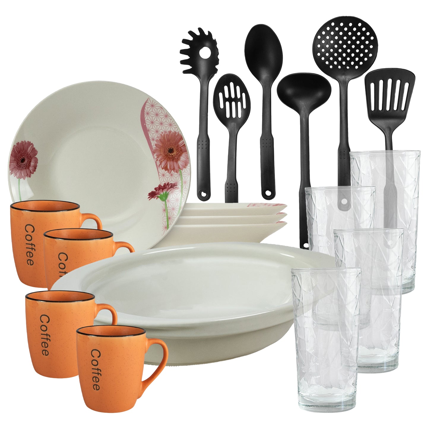 Table set, 4 people, 19 pieces, orange mug, deep plate, thermos tray, kitchen utensils, glass glasses, Porcelain decorated with Margaret