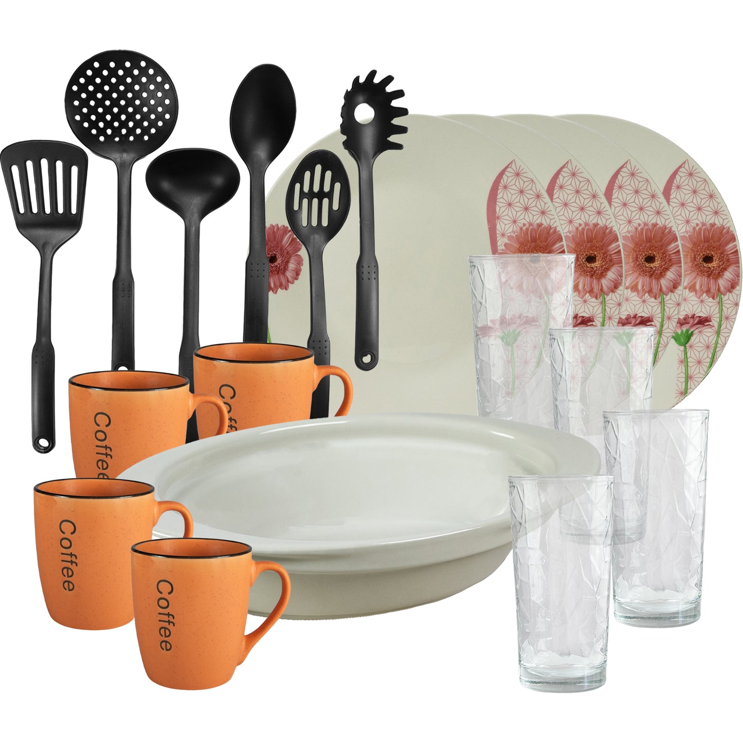 Table set, 4 people, 19 pieces, orange mug, flat plate, thermos tray, kitchen utensils, glass glasses, Porcelain decorated with Daisy