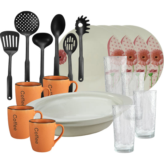 Table set, 4 people, 19 pieces, orange mug, flat plate, thermos tray, kitchen utensils, glass glasses, Porcelain decorated with Daisy