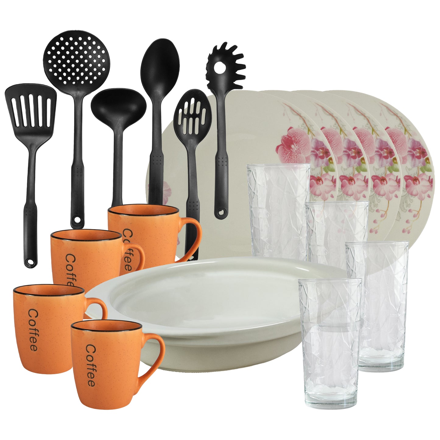 Table set, 4 people, 19 pieces, orange mug, extended plate, thermos tray, kitchen utensils, glass glasses, Porcelain decorated with Orchids