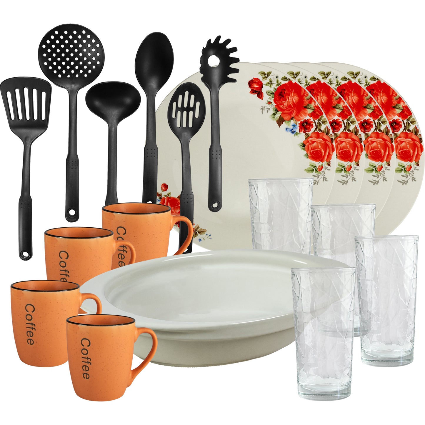 Table set, 4 people, 19 pieces, orange mug, extended plate, thermos tray, kitchen utensils, glass glasses, Porcelain decorated with red roses