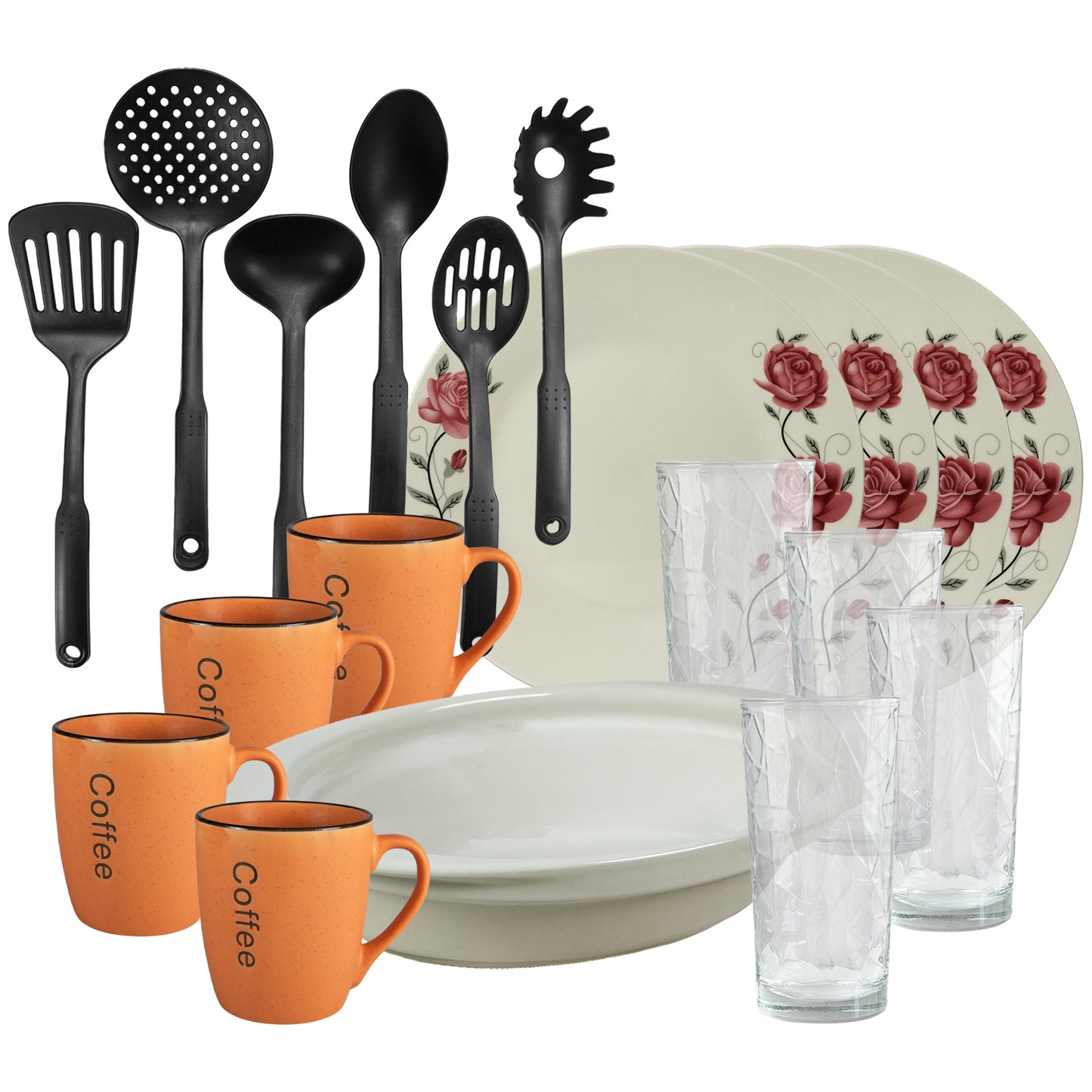 Table set, 4 people, 19 pieces, orange mug, extended plate, thermos tray, kitchen utensils, glass glasses, Porcelain decorated with pink roses