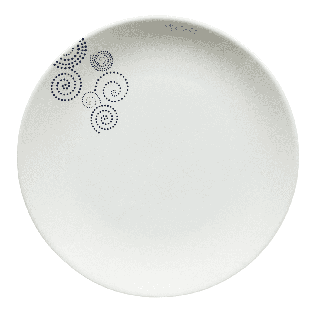 Arctic white extended plate with dotted black lines in the form of a spiral, 26 cm