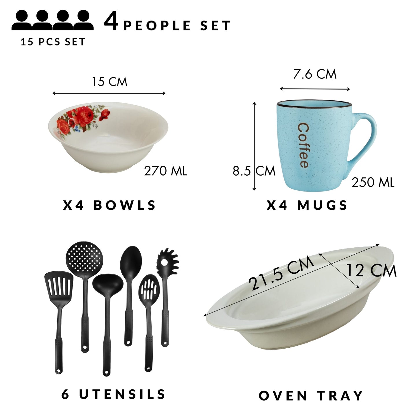 Table service, 4 people, 15 pieces, blue mug, bowl, heat-resistant tray, kitchen utensils, Porcelain decorated with red rose