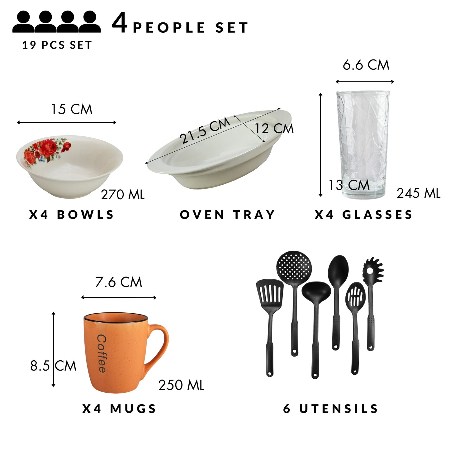 Set tavola, 4 persone, 19 pezzi, tazza arancione, ciotola, vassoio thermos, utensili da cucina, bicchieri in vetro, porcellana decorata con rose rosse