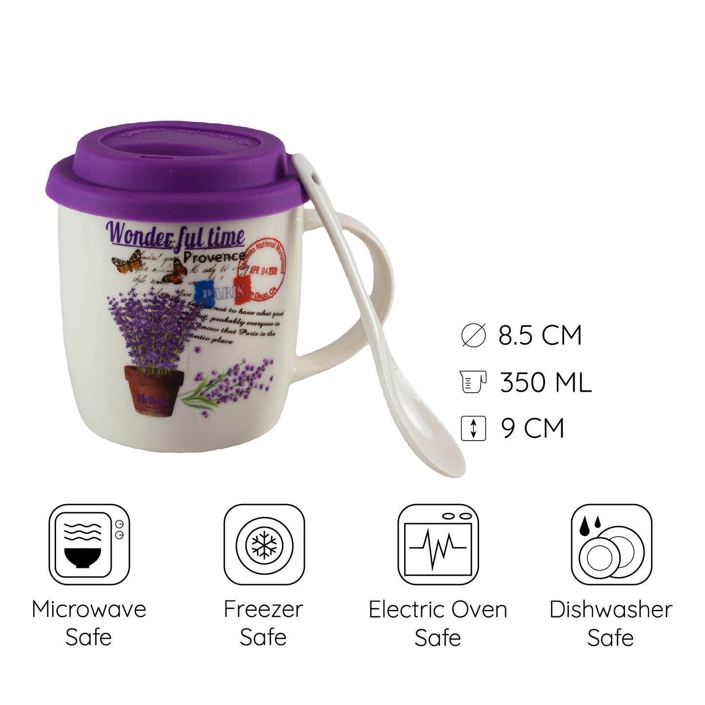 Cana cu capac si lingurita 350 ml, Alb cu design Paris