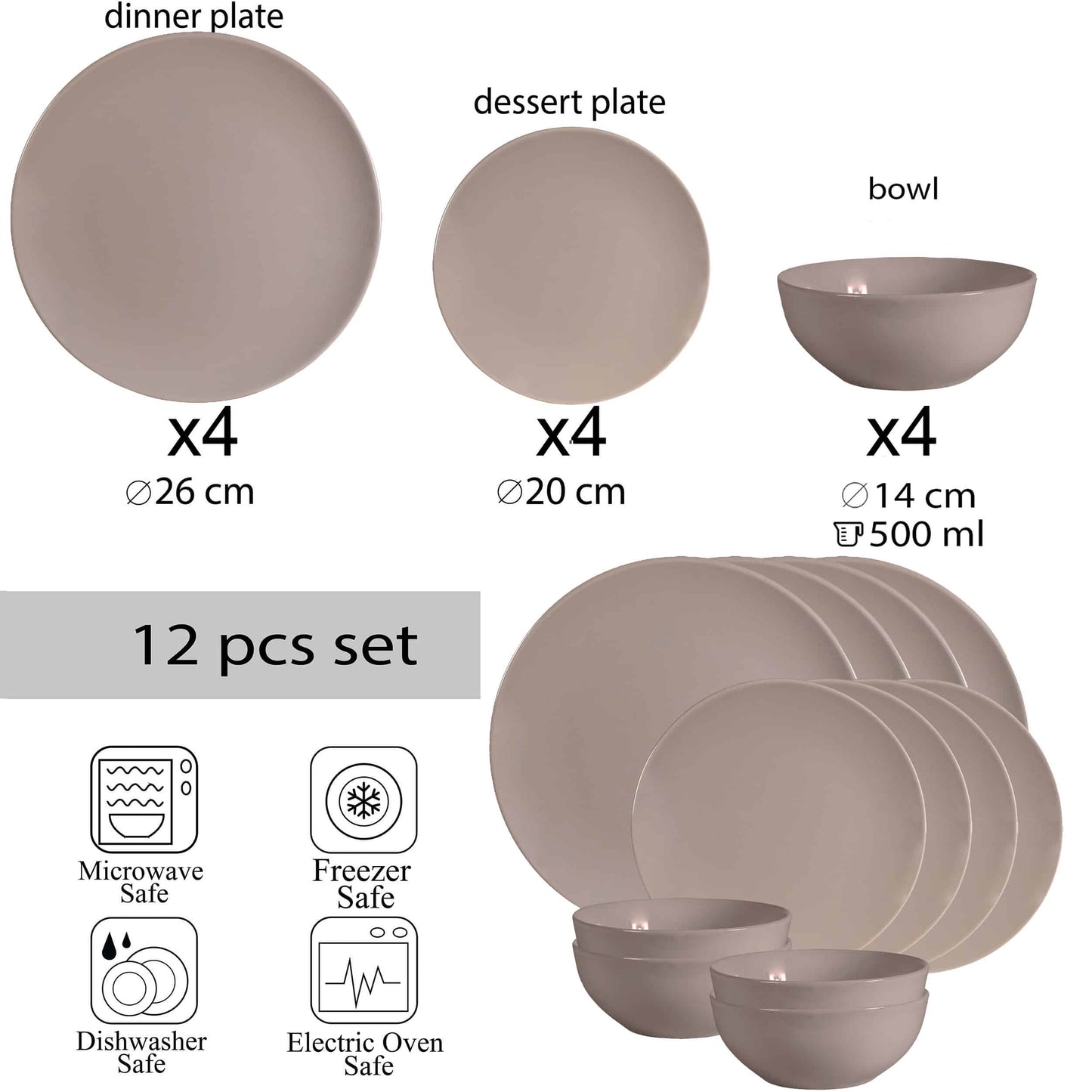 Tellerset 12-teilig, für 4 Personen, Latte, Cesiro, Cream