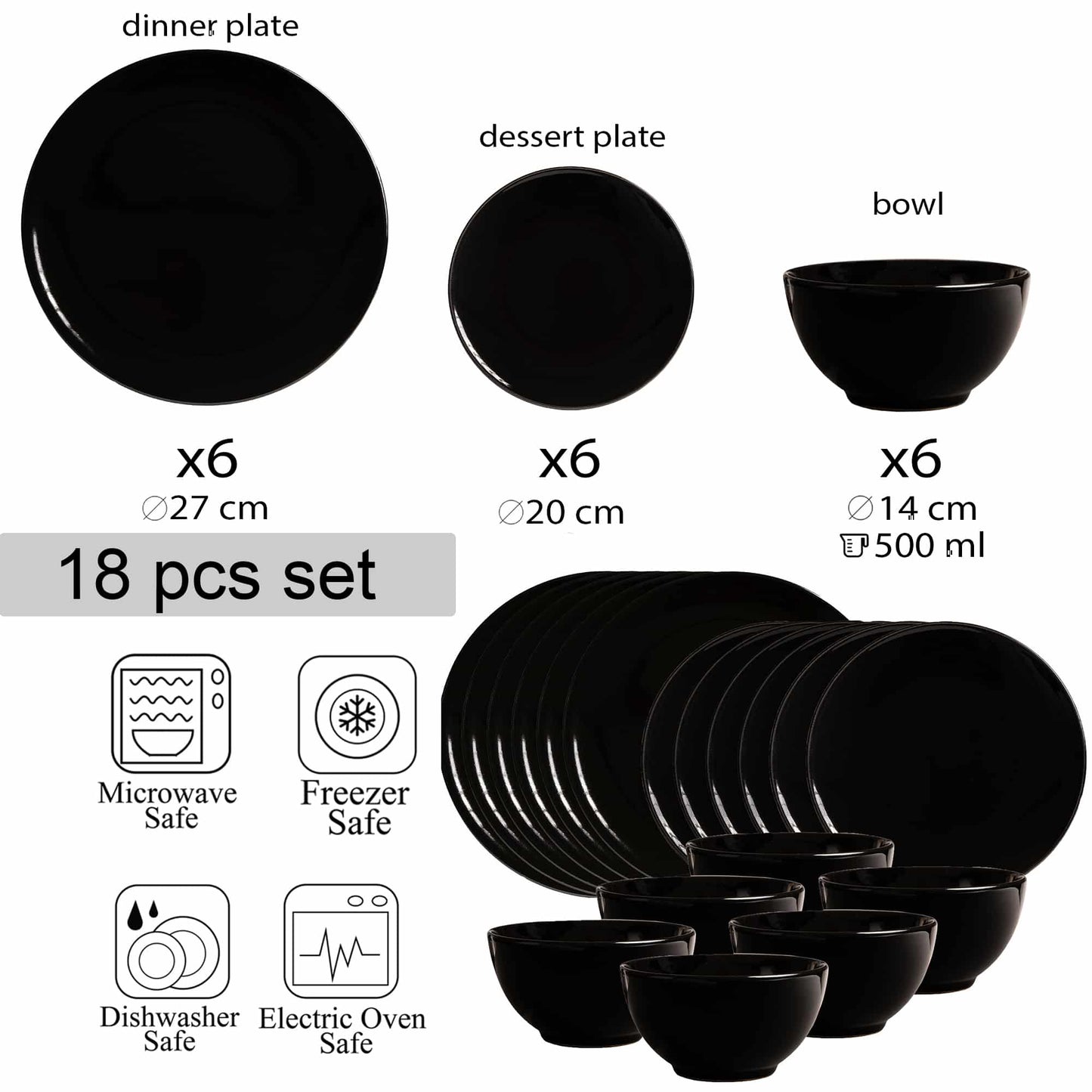 Plate set 18 pieces, for 6 people, Abyss, Cesiro, Black Abis Lucios