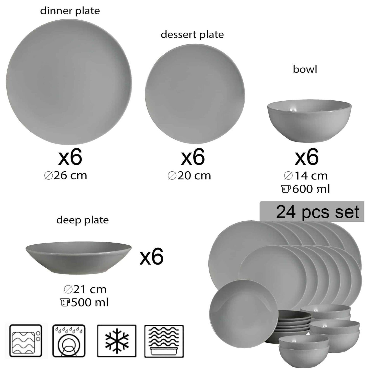 Tellerset 24-teilig, für 6 Personen, Silber, Cesiro, Grau glänzend 